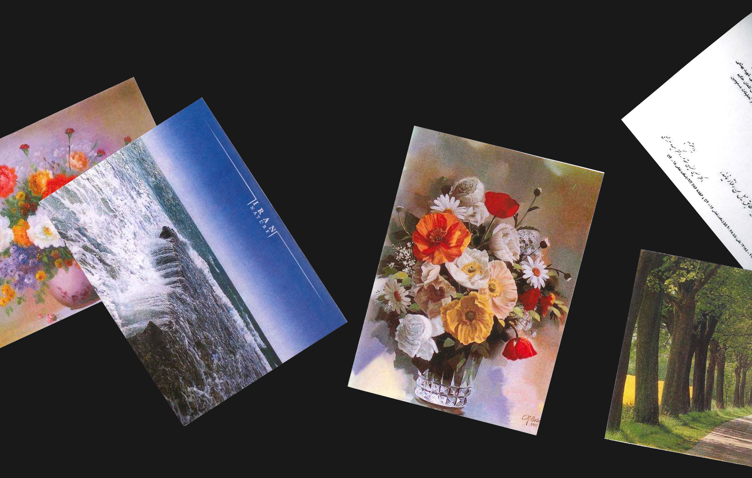 Flowers and landscapes are seen on the postcards