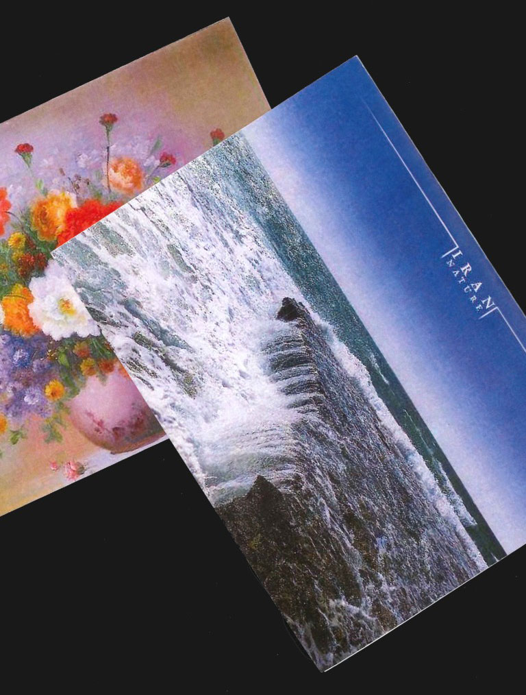 Flowers and landscapes are seen on the postcards